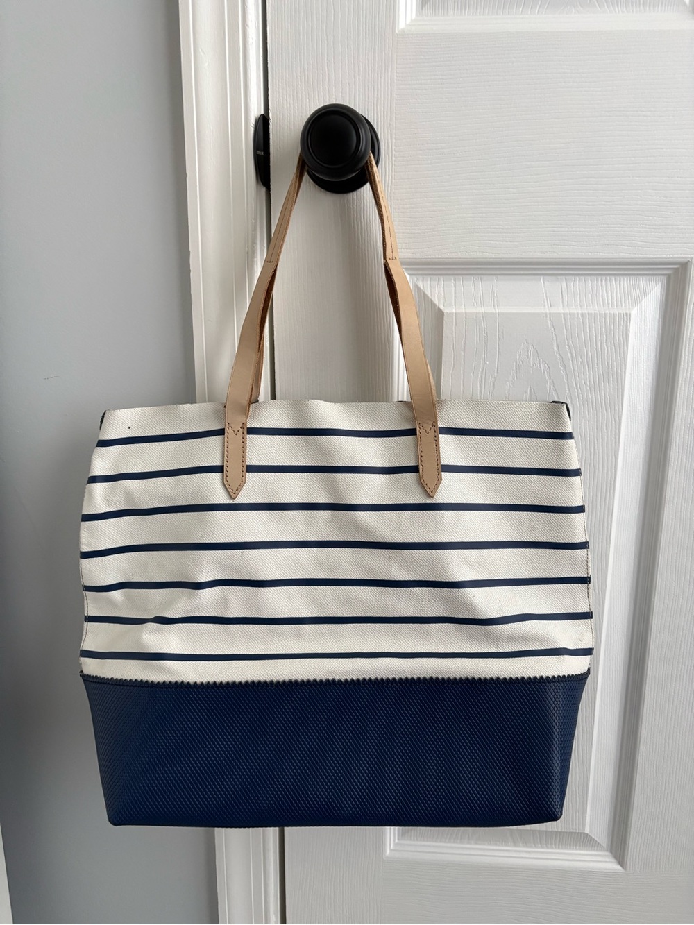 J. Crew Striped Navy and White Tote Bag with Tan Handles